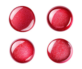 Round drop swatch of diamond shiny lip gloss or nail polish, burgundy red color. Close-up set of glossy shimmering particle texture. Isolated element with clear even edge on transparent background