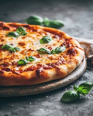 Freshly baked Italian Margherita pizza with basil on wooden board