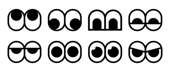 Collection of bold cartoon eye icons. A set of simple black and white character expressions with a thick outline for creating modern mascots or stickers.