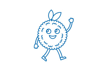 Cheerful fuzzy blue character waves with a happy face and walks forward cheerfully