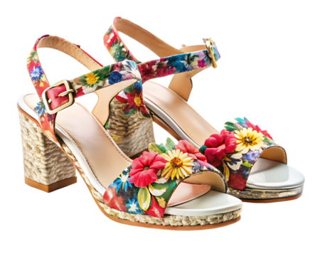 sandals with a floral design and colorful flowers on  white background, PNG. AI Generated. - Powered by Adobe