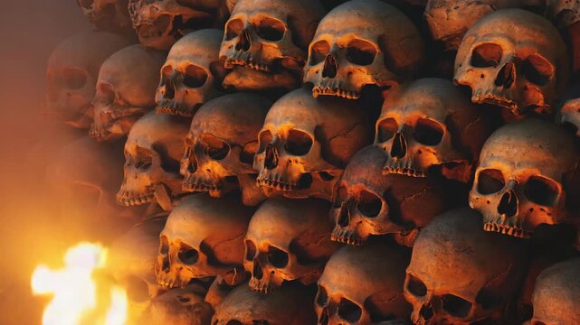 A dense wall of human skulls illuminated by flickering fire, creating a dark and macabre scene of death and decay 4k video