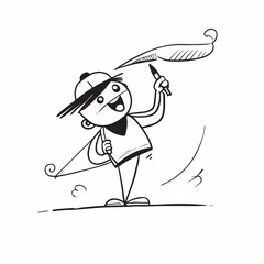 Fototapeta premium Cartoon character holding a feather pen and smiling joyfully 
