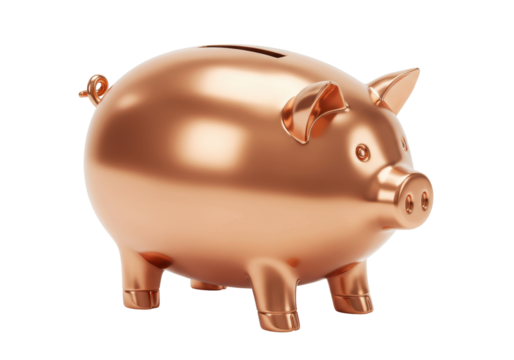 Isolated Piggy Bank in Rose Gold Color. Financial Savings concept and Future Investment.