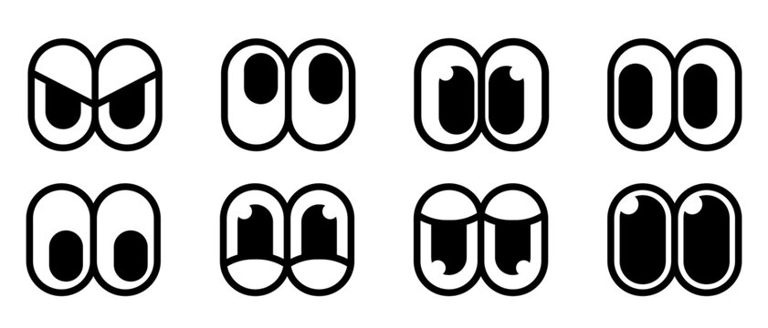 Set of googly cartoon eyes in a simple black and white outline style. A collection of funny and goofy character expressions for comic book or animation design.