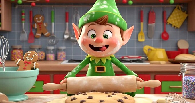 Happy cartoon elf rolling out dough to make a giant chocolate chip cookie