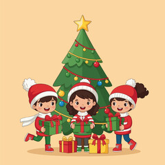 Festive Christmas Celebration with Children Decorating a Tree and Exchanging Gifts.