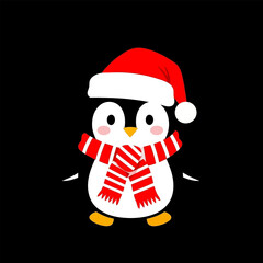 Festive penguin wearing a Santa hat and a red and white scarf.