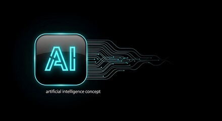 AI Artificial intelligence wave lines neural network with AI lettering in green and blue light isolated on black background. Vector in concept of technology, machine learning