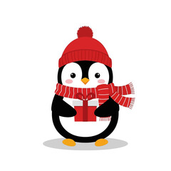 Festive Penguin with Gift - A Charming Holiday Illustration.