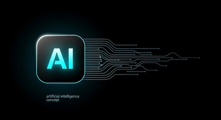 AI Artificial intelligence wave lines neural network with AI lettering in green and blue light isolated on black background. Vector in concept of technology, machine learning
