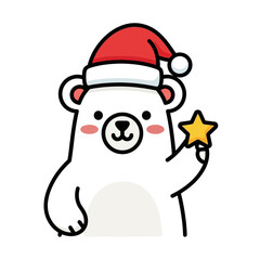 Festive polar bear wearing a Santa hat holding a golden star.