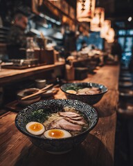 Steaming bowl of delicious Japanese ramen in a restaurant setting