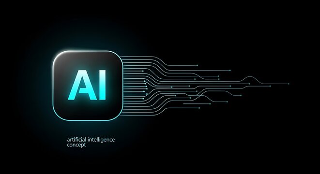 AI Artificial intelligence wave lines neural network with AI lettering in green and blue light isolated on black background. Vector in concept of technology, machine learning