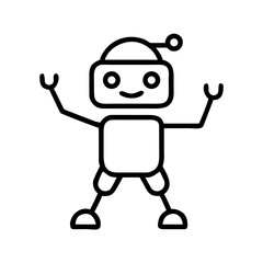 Simple cartoon robot character with hands raised and smiling  