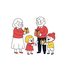 Grandparents and grandchildren exchanging gifts, celebrating family bonds and festive joy.