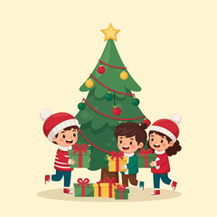 Three happy children in festive hats celebrating around a Christmas tree with presents.