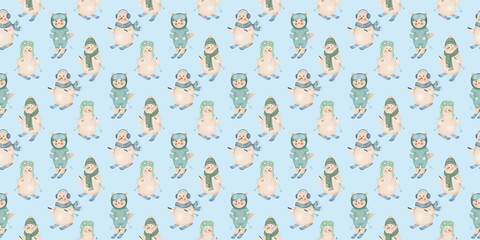 Cute seamless winter pattern with skiing animals — funny cats and snowman in warm clothes on a light blue background. Perfect for kids’ fabric, wrapping paper, winter decor, and holiday design.