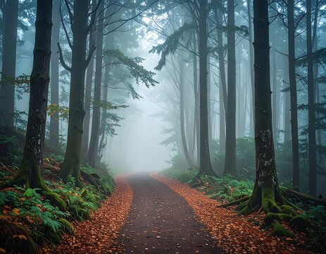Winding path through a foggy forest with fall foliage and tall trees