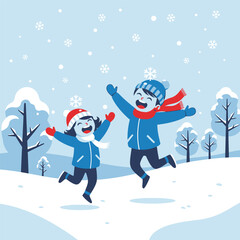 Two joyful children playing in the snow during winter.