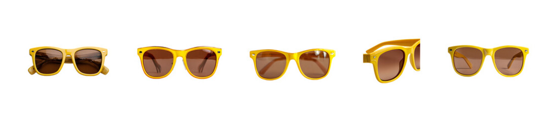 Collection of stylish yellow sunglasses shown from multiple angles on a white background.