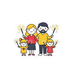 Family Celebrates with Sparklers - A Joyful Cartoon Illustration.
