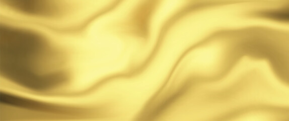 Silk gold background with liquid satin wave on golden fabric cloth for luxury elegance. Smooth abstract flag design with vector gradient and 3d ribbon color.