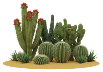 Isolated desert plants display with saguaro cactus, barrel cactus, and succulents on sand