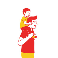 Father carries his son on shoulders, enjoying quality time together, smiling happily.