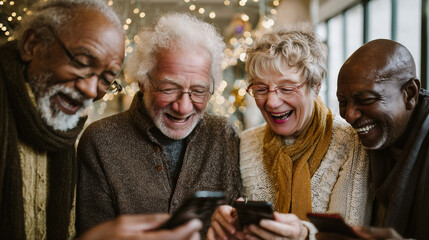 Diverse group of happy, elderly friends sharing a fun moment and laughing while looking at content on their mobile phones in a warmly lit, festive setting.