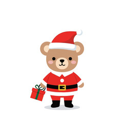 Festive Bear in Santa Suit with Gift.