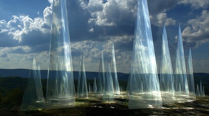 Fototapeta premium A surreal landscape featuring crystallike structures rising from the ground under a cloudy sky, creating a dreamlike and ethereal atmosphere with a sense of wonder and mystery in a natural setting