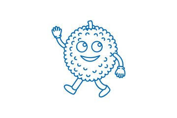 Cheerful lychee character smiles as he walks and waves hello in blue outline