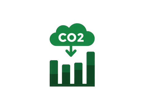 Green icon, CO2 emissions, downward arrow from cloud to graph