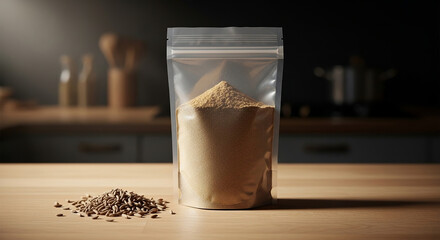 Natural light brown powder in a transparent resealable bag with whole unground grains on a wooden countertop, showcasing versatile kitchen ingredients for cooking and baking in a rustic setting