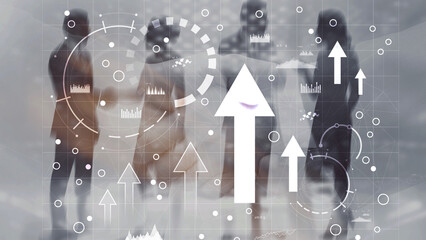 Modern business team collaborating over digital data analytics and financial charts in office