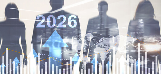 Business growth concept with office worker silhouettes against abstract rising arrows and 2026 year