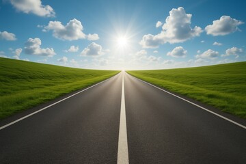 Endless highway stretching into the horizon under bright sunlight with green fields and blue sky filled with fluffy clouds representing travel concept. Ai generative