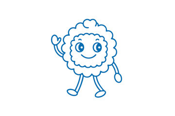 Blue outlined cartoon cloud character waves happily while walking against a white backdrop