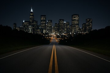 Obraz premium Empty highway leading to illuminated modern city skyline at night under dark sky, symbolizing travel and future possibilities. Ai generative. Ai generative