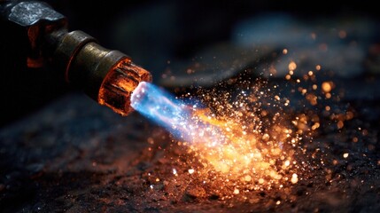 Bright flame emerges from a torch igniting metal as sparks fly in a workshop filled with tools. Craftsmen work diligently creating art from raw materials in a warm glow of creativity.