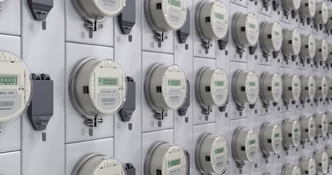 Camera moving along digital electric meters for an apartment complex - 3D animation seamlessly loopable

