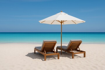 Fototapeta premium Two wooden lounge chairs with white umbrella on tropical beach facing turquoise sea under clear blue sky, symbolizing summer vacation concept. Ai generative