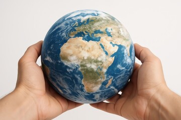 Hands gently holding a realistic Earth globe symbolizing travel, global unity, and environmental care on white background, concept of world in our hands. Ai generative