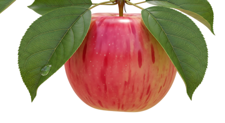 Fresh red apple with green leaves isolated on transparent background close up