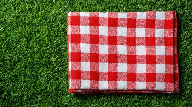 A red and white checkered cloth is laying on a green grassy field. The cloth is folded in half and placed on the grass