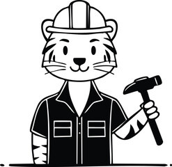 A cute cartoon tiger character wearing a hard hat and work shirt, holding a hammer, in black and white line art.