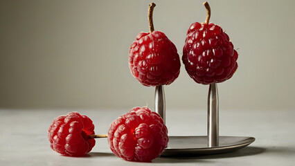 Minimalist dessert sculpture &mdash; a vertical stack of three raspberries on a fine metal skewer against a neutral background