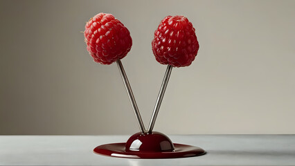 Minimalist dessert sculpture &mdash; a vertical stack of three raspberries on a fine metal skewer against a neutral background