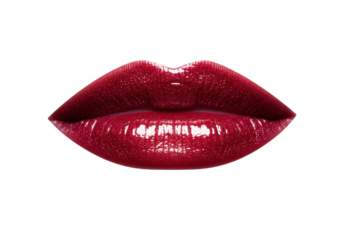 Isolated macro shot of lips with dark red glossy lipstick makeup close up on white